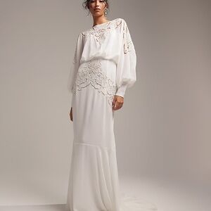 ASOS DESIGN Curve Ella blouson sleeve beaded cutwork wedding dress in cream